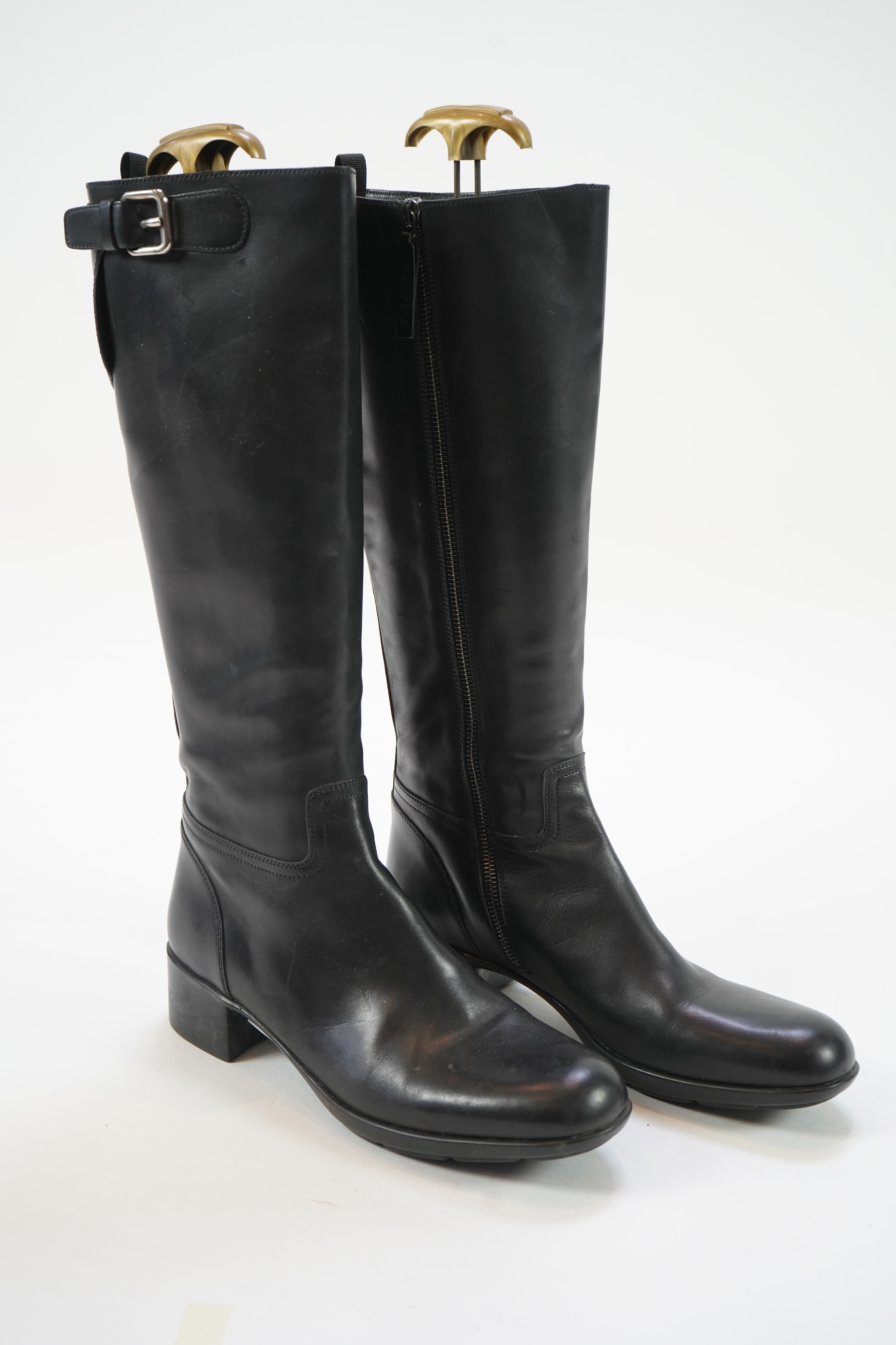 A pair of lady's Prada black leather boots and a pair of Russell & Bromley platform black leather knee high boots. size EU 40 (approx UK size 7.5)